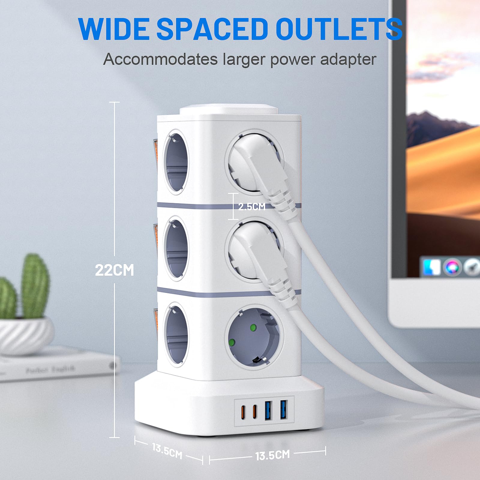 Power Strip Sockets 16 in 1 Vertical Power Strip Plugs with 12 Outlets and 2USB-A 2USB-A 2USB-C Tower Power Strips Sockets 2500W/10A Overload Protection 3 Meter Cable with Switch for Office Home — view 9