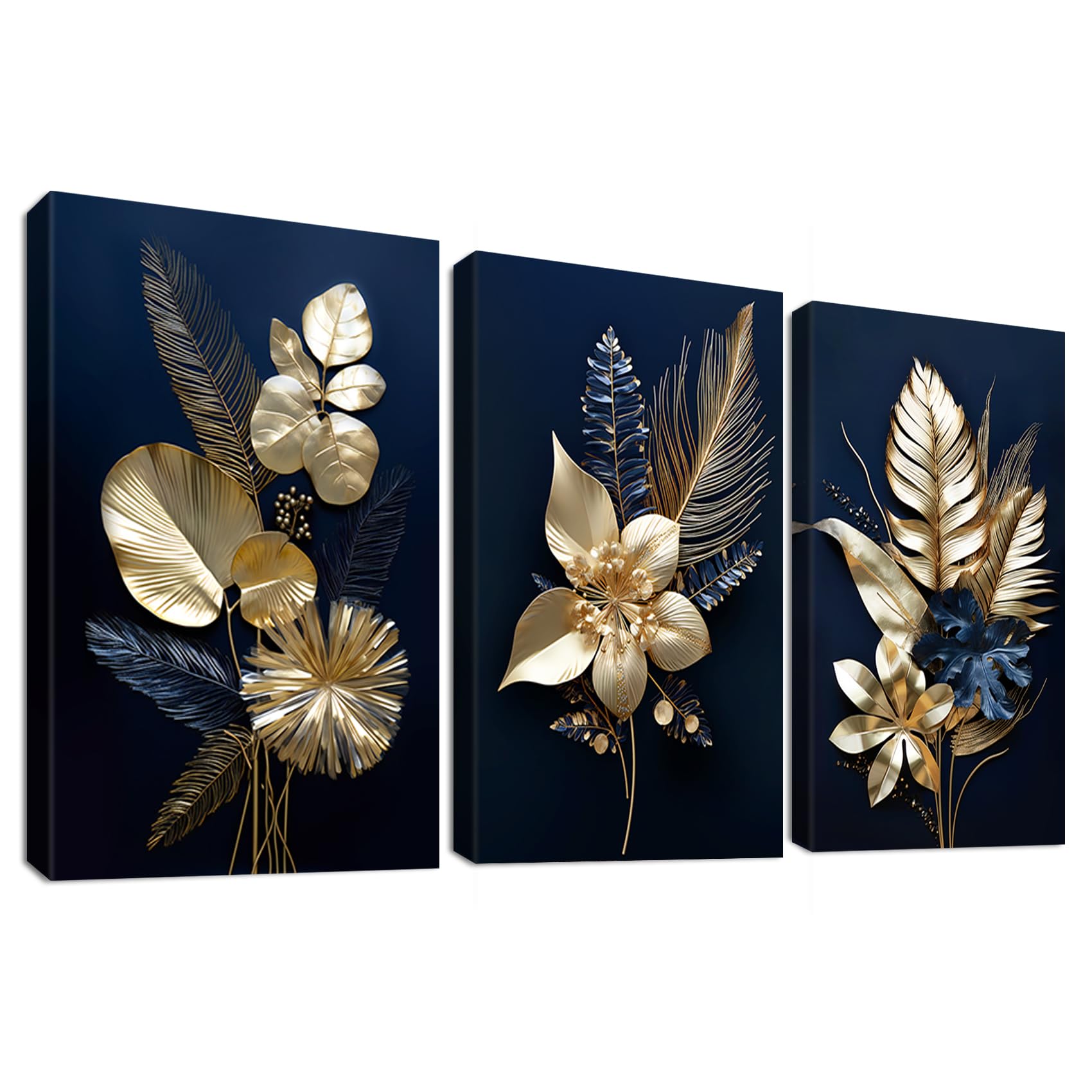 3 Panels Wooden Framed 3D Navy Blue Gold Flowers Canvas Wall Art Tropical Monstera Coconut Leaves Painting on Canvas Prints Picture for Living Room Bedroom Home Wall Decoration 120x60cm (16"x24"x3pcs)