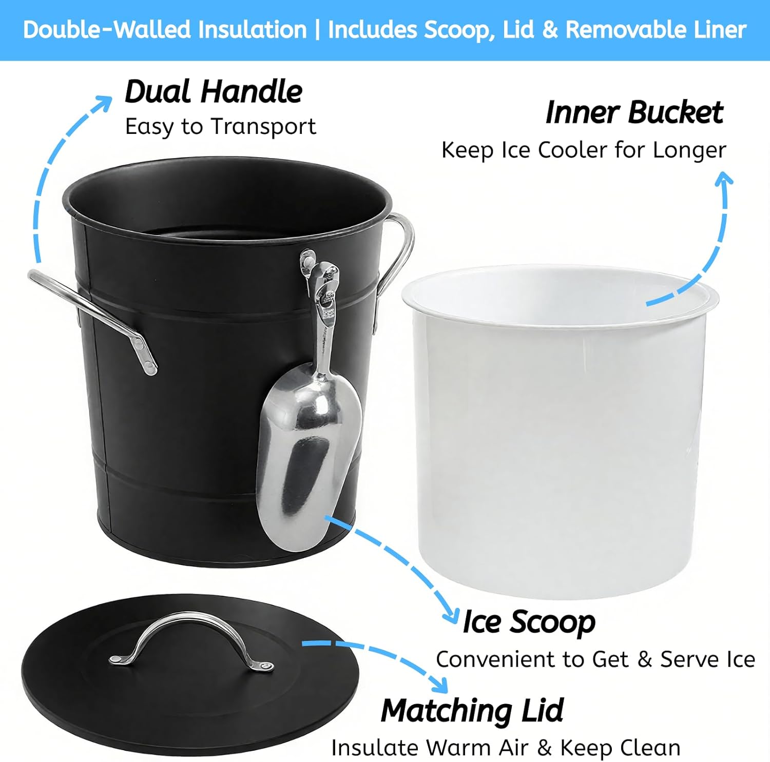 YOUEON 4L Ice Bucket with Scoop and Lid, Double Walled Insulated Wine Bucket Chiller with Carry Handles, Beverage Tub for Cocktail Party, Camping, BBQ, Indoor & Outdoor Use, Black