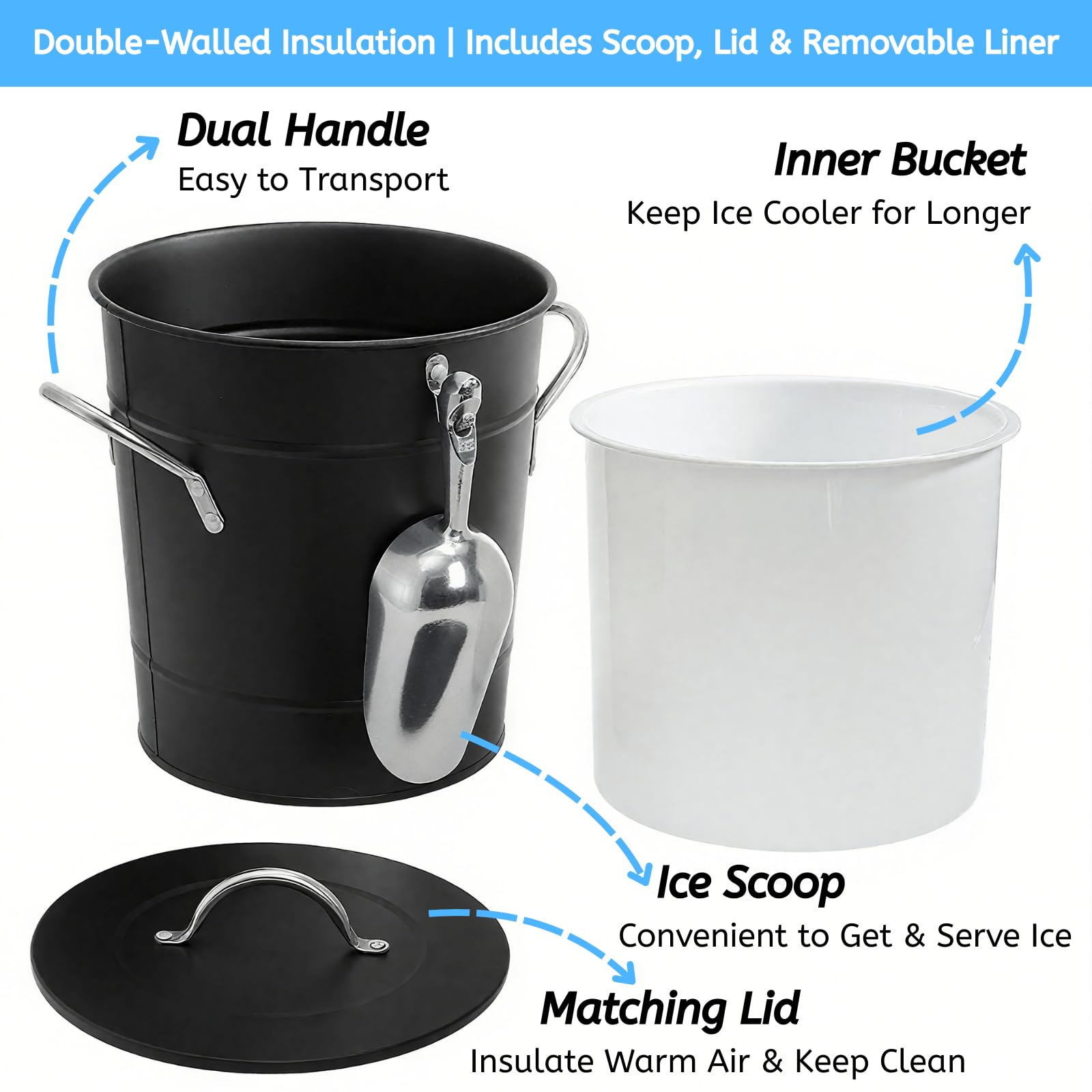 Cubo de hielo de 4L con cuchara y tapa, enfriador de cubo de vino de doble pared con asas de transporte, bañera de bebidas para cóctel, campamento, barbacoa, uso en interiores y exteriores 3