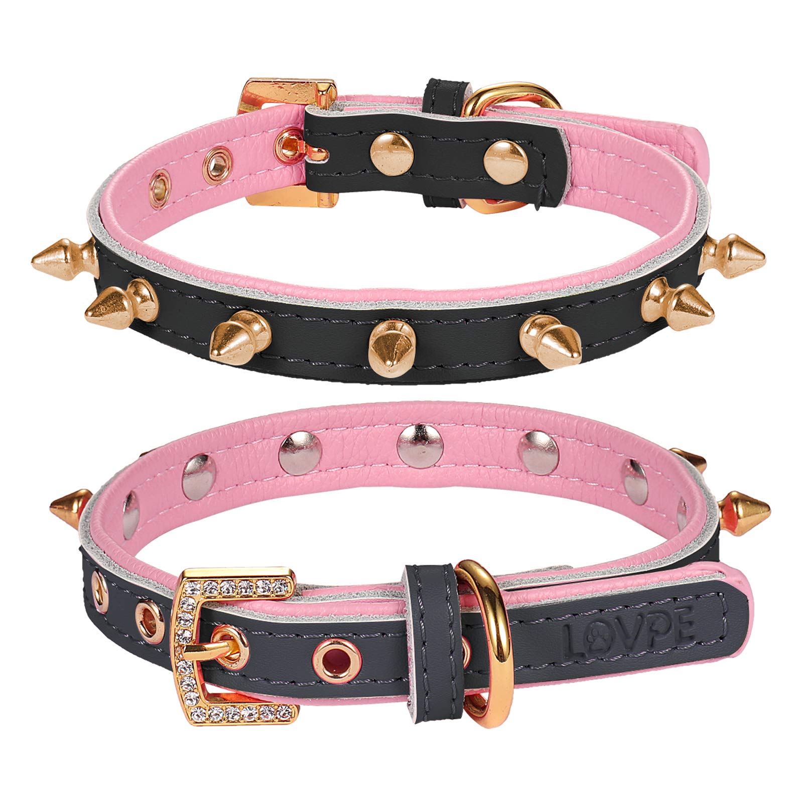 LOVPE Cat Collar/Dog Collar Golden Spiked Studded Double Layer Leather Pet Collars with Golden Rhinestone Buckle for Cats Puppy Small Medium Dogs (