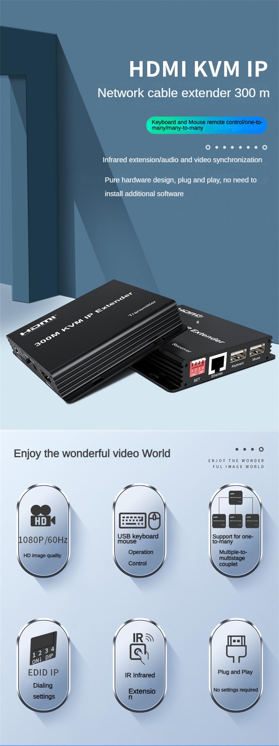 Rallonge IP KVM 300 m, HDMI Extende sur IP Rj45 Cat6 Câble Ethernet 1080p HDMI KVM Connexion Commutateur Réseau Prise en charge Souris Clavier pour PC DVR TV (TX+RX)