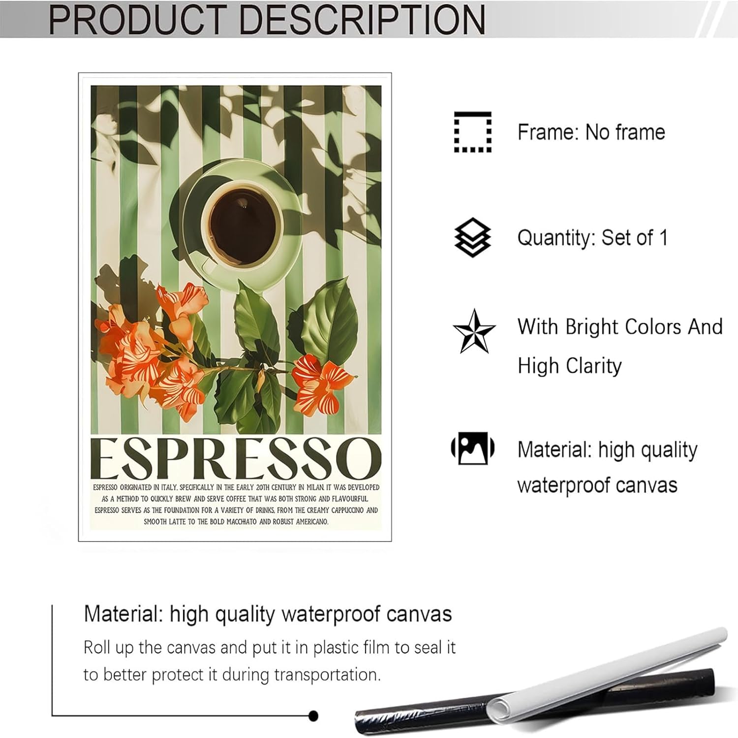 Funny Espresso Coffee Poster Trendy Kitchen Canvas Wall Art Green Coffee Cup On Table Floral Aesthetic Prints Painting For Living Room Kitchen Cafe Bar Wall Decor 16x24in Unframed