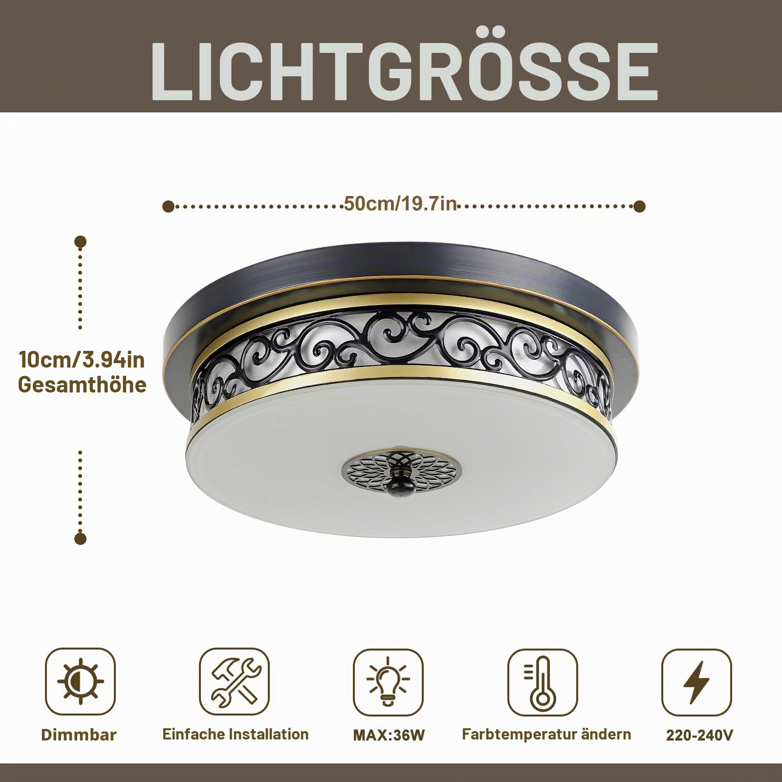 Deckenlampe Wohnzimmer Vintage Rund,Ø50*H10cm Groß Eisen-Glas Base Deckenleuchte Schwarz,Villa Dreifarbig Dimmbar mit Fernbedienung LED Deckenlampe Schlafzimmer,Küchen,Esszimmerlampe Decke.