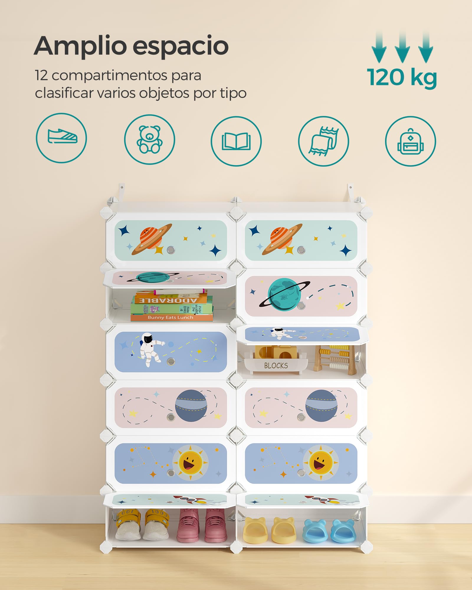 SONGMICS Estantería Modular Infantil 12 Cubos, Zapatero Plástico con Puertas, 31x81x106 cm, Blanco Nube
