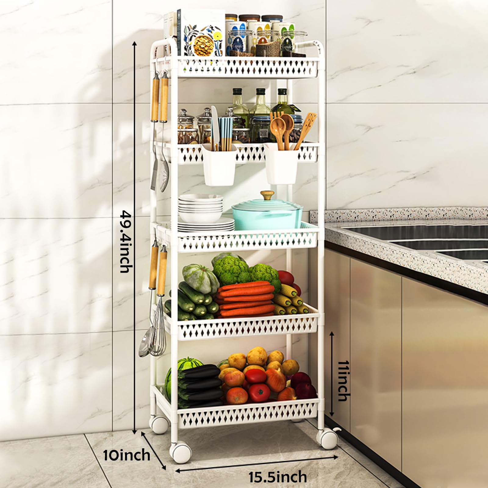 Carrito de Almacenamiento rodante de plástico de 5 Niveles - Estantería móvil para organizar Cocina, baño y lavadero - Color Blanco, diseño Compacto, fácil Movilidad