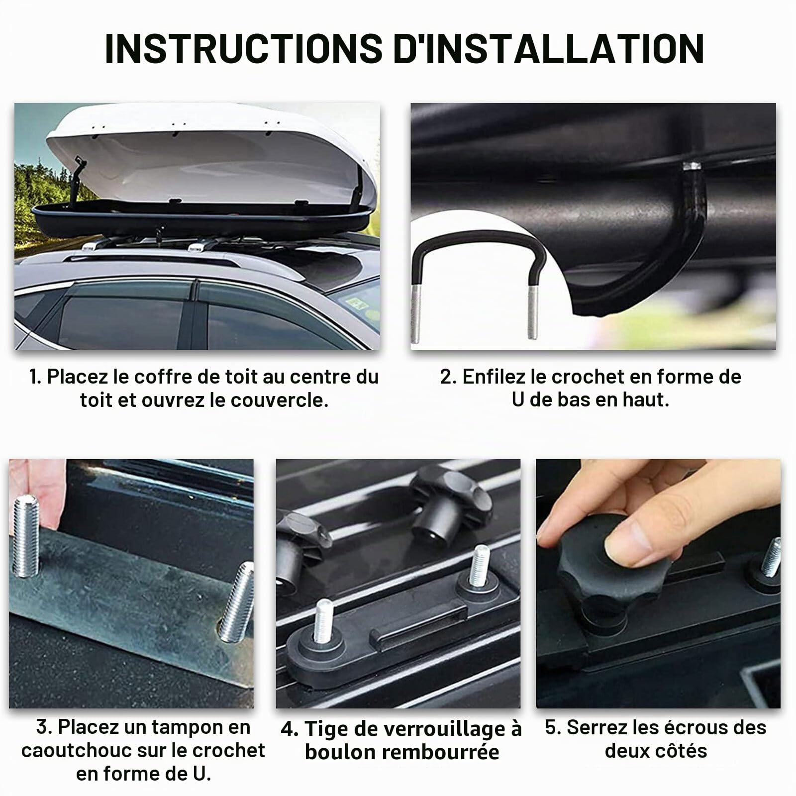Fixation Coffre De Toit Universelle: WIYETY 4 Pièces Fixations Universelle pour Coffre de Toit, Accessoires pour Coffres De Toit avec 8 Écrous de Blocage et 2 Bandages et Autocollants à Points Ronds