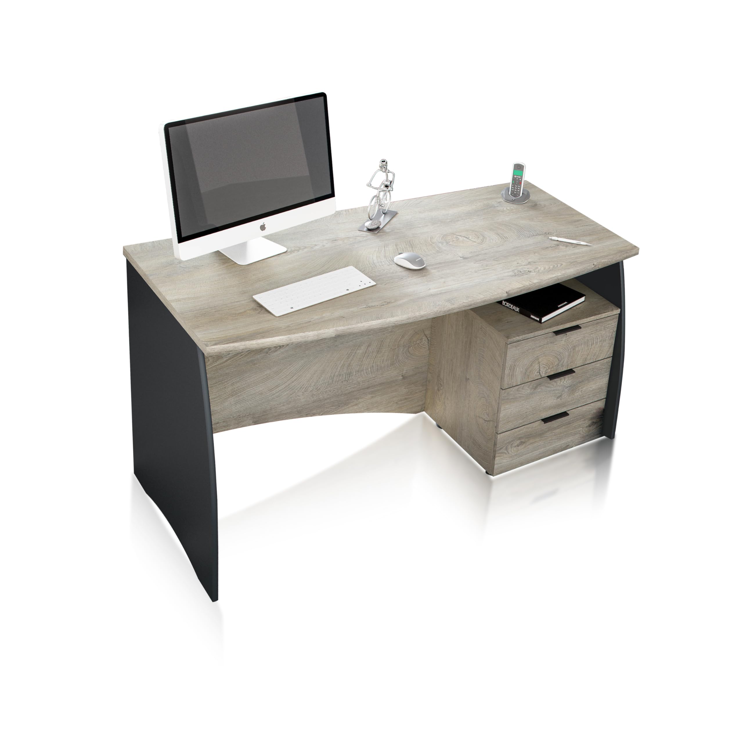 duehome | Mesa de Despacho con 3 Cajones, Mesa de Oficina o Estudio, Modelo Elan, Acabado en Gris Antracita y Roble Alaska, Medidas: 136 cm (Ancho) x 67 cm (Fondo) x 74 cm (Alto)