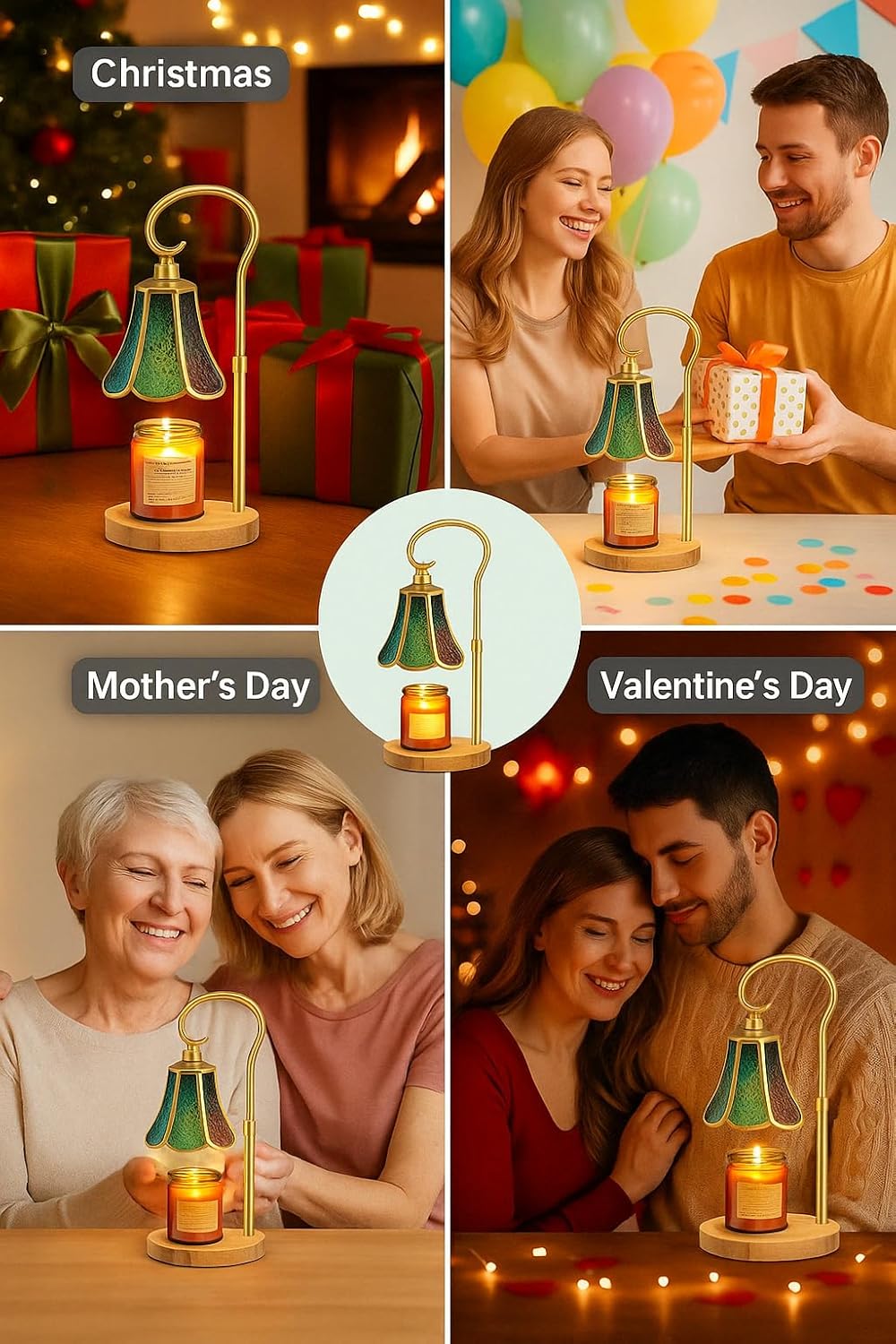 Handmade Vintage Candle Warmer Lamp with Adjustable Height, Dimmer & Timer, Glass Lampshade, 2 GU10 Bulbs Included, Electric Wax Melt Aroma Warmer for Home Décor