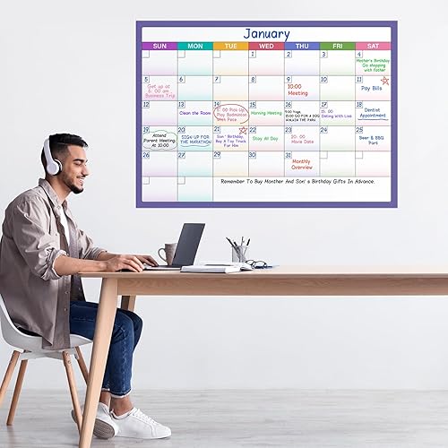 Miniatura 7 de Calendario grande de borrado en seco para pared, calendario de pared de 1 mes sin fecha, 40 x 28 pulgadas, calendario laminado borrable y