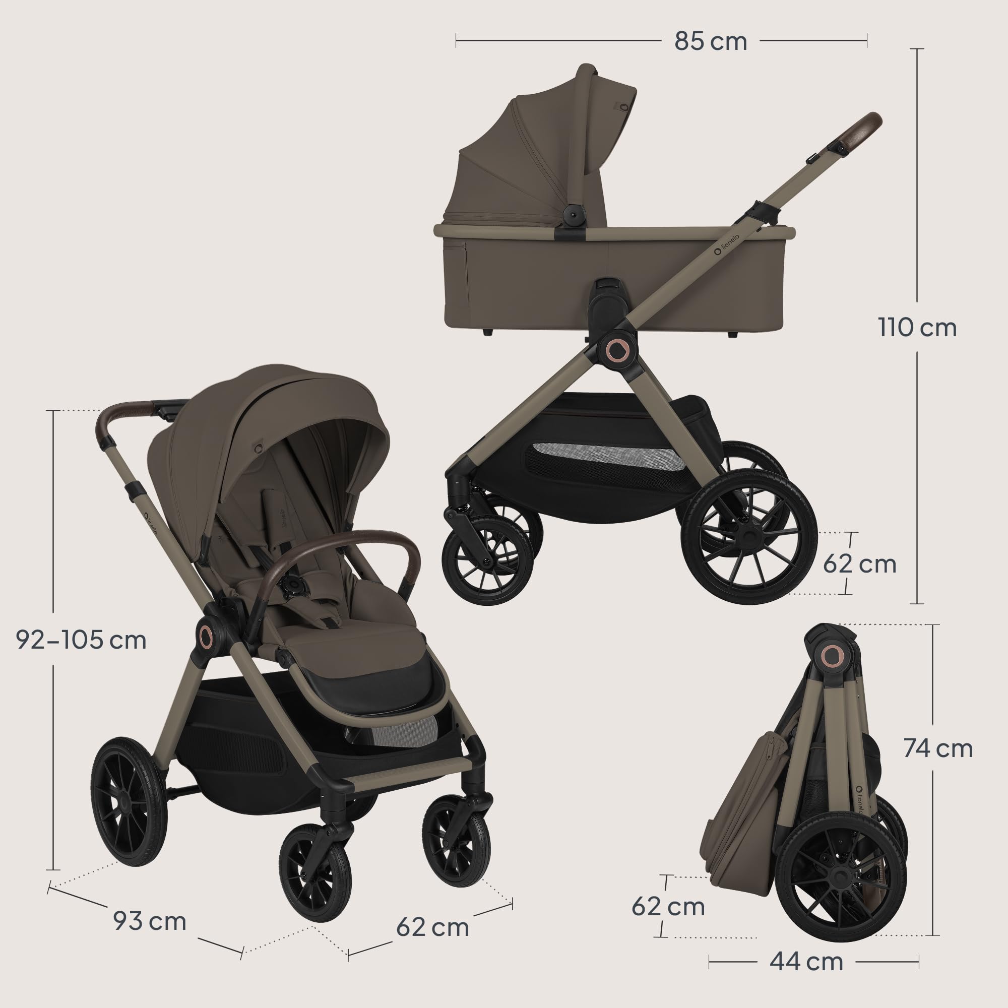 LIONELO Layla Passeggino 3 in 1 con Navicella e Seggiolino Auto, 0-48 Mesi | Fino a 22 kg, Navicella fino a 9 kg, Schienale e Poggiapiedi Regolabili, Ruote PU 360°, Sospensioni Complete, Cappottina XXL