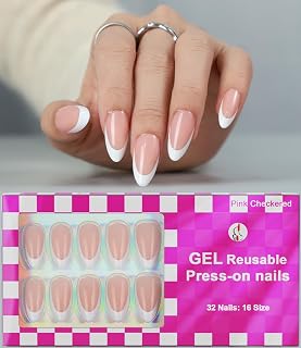 Anyos 16 Sizes French Tip Medium Almond Press on Nails,Soft Gel Fake Nails Glossy 32pcs with Nail Glue (Classic French)