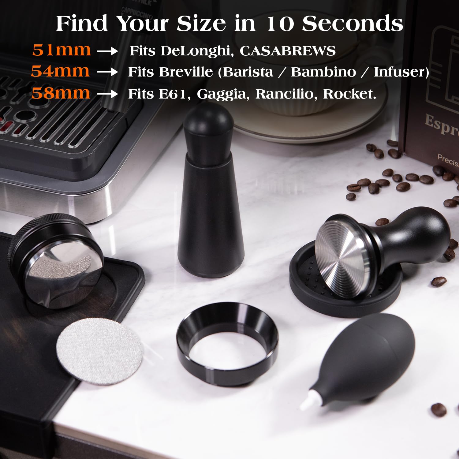Kit 7 Accessori Espresso 54 mm – Tamper Livellatore, Distributore di Caffè, Strumento WDT, Puck Screen e Imbuto Dosatore, Compatibile con Macchine Espresso Sage 54 mm e Portafiltri