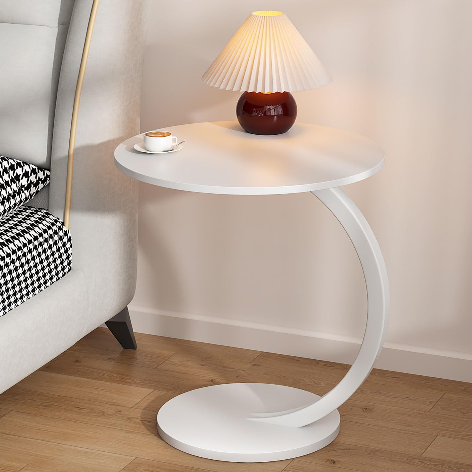 C Shaped Sofa Side Table with Wheels Round Laptop Bedside Table for Office Vintage Coffee End Table with Accent White Finish