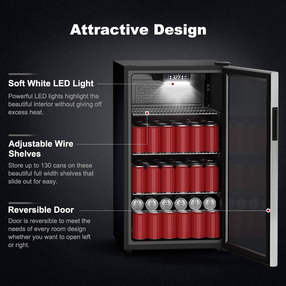 Galanz Beverage Refrigerator Cooler - 130 Can Mini Fridge with Reversible Glass Door & Adjustable Shelves for Soda Beer or Wine - Small Refrigerator for home office or Bar Stainless steel GLB36MS2F07 : Everything Else