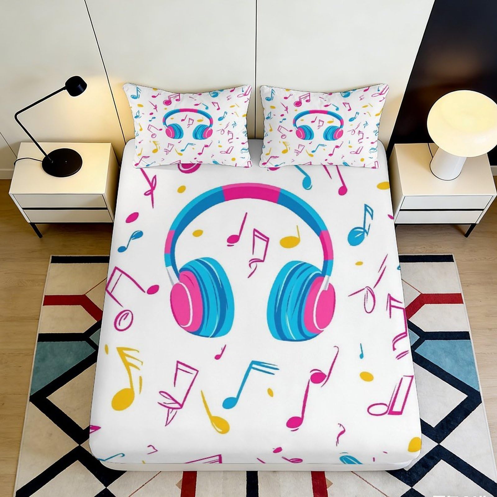 3D Printed Music Notes Fitted Sheet Microfiber Soft Breathable Headphones Bed Cover for Bedroom Dormitory Guest Room Mattress Protection Decor 160x200x25cm
