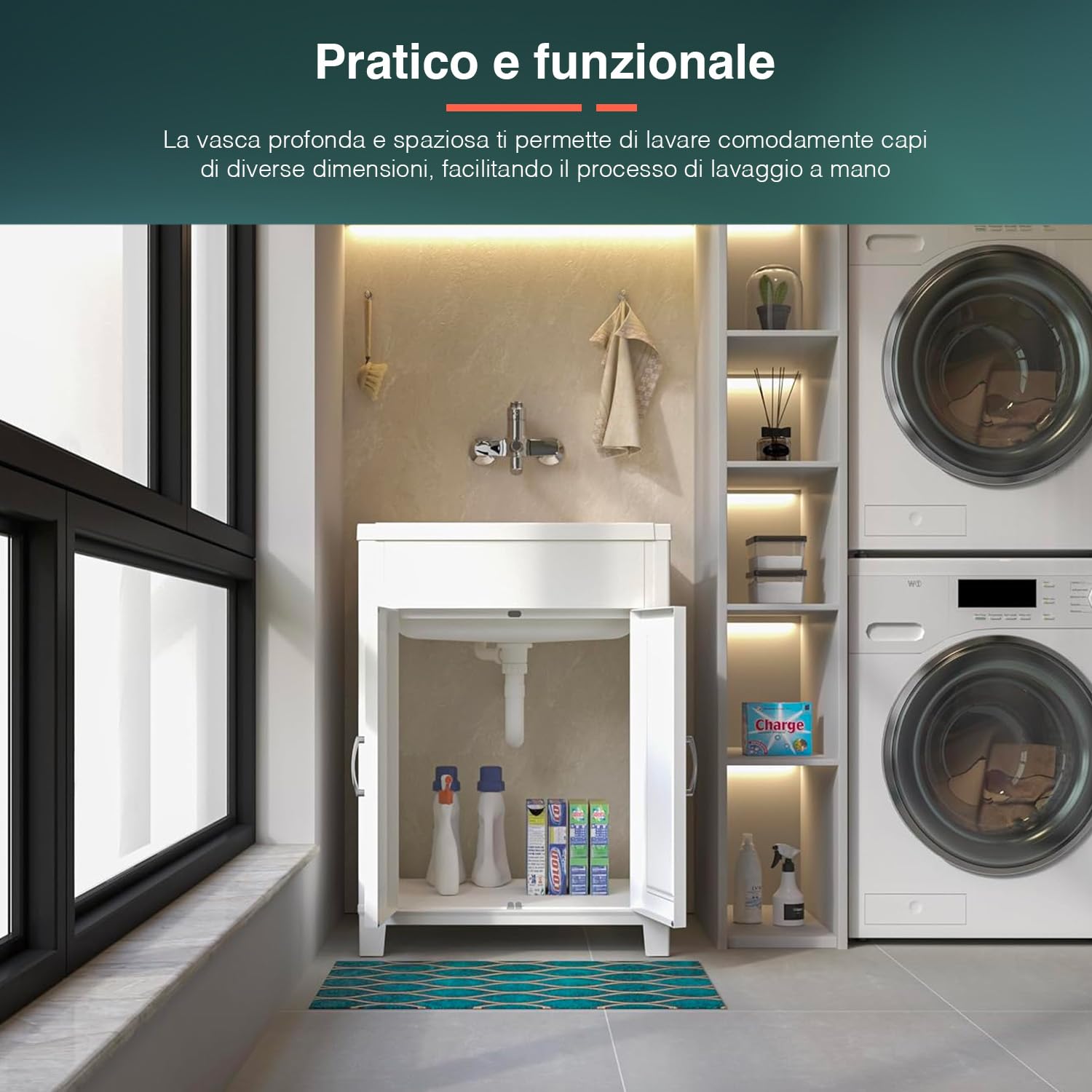 Avilia Lavadero para lavar a mano – Lavabo de doble puerta, con kit de sifones, para uso interior y exterior, de resina, 60 x 50 cm, blanco