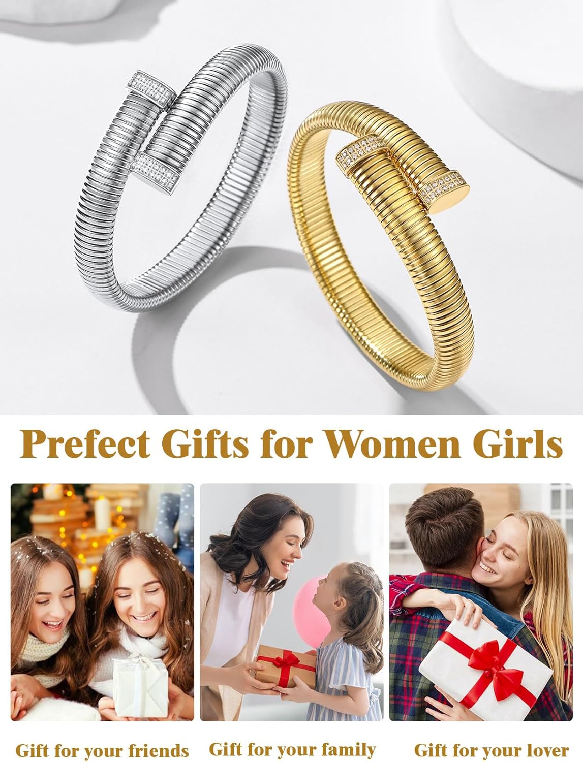 KeyStyle Bangle Bracelets for Women, Stainless Steel Stretch Bracelet Flexible Wide Link Chain Gold Wristband GoldChic Twisted Jewelry, 10mm, 16mm, 20mm