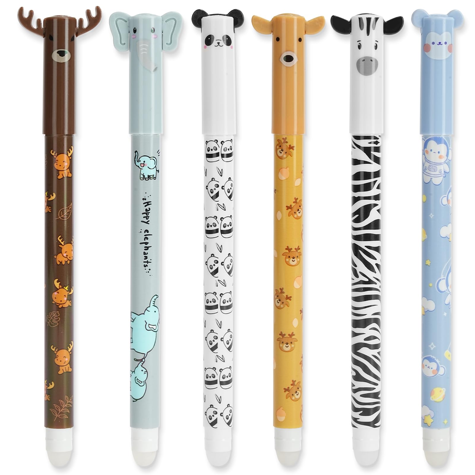 AUAUY 6 Pcs Erasable Gel Pens with Thermosensitive Erase Ink, 0.5mm Tip, Blue Ink Color, Range of Barrel Designs, with Cute Cartoon Animal Designs, Rub Out Pens for Student Stationery Office Supplies — image 1