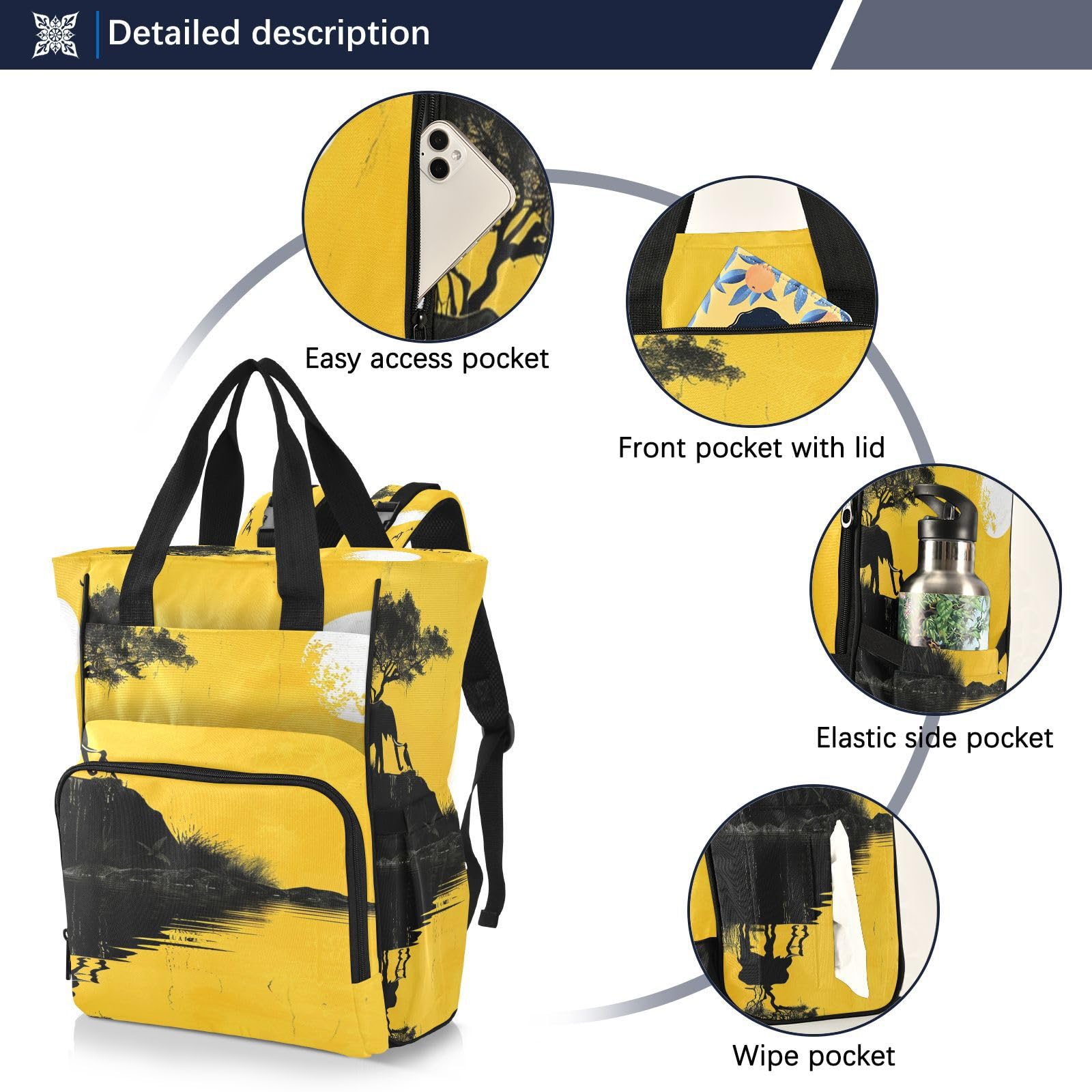 Elefante Amarillo Atardecer PacíFico Mochilas de Pañales para Gran Capacidad Pañal Bolso Mochila para Viajar al Aire Libre Mamá y Papá