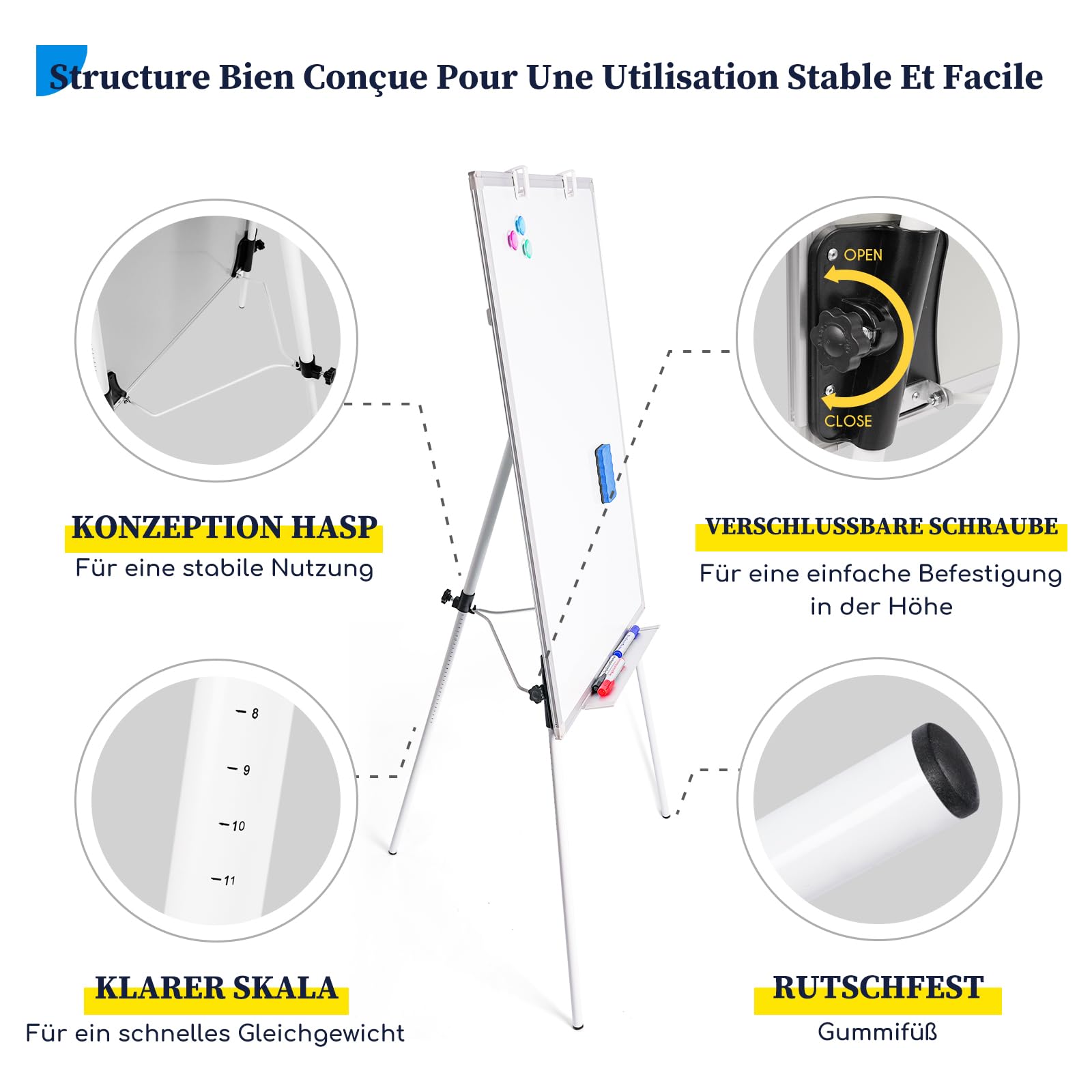 maxtek ​Flipchart Ständer Whiteboard, 90X60cm Magnetisches Tragbares Trocken Abwischbar White Board, Höhenverstellbar, Haken Verschieben Flipchart Papier, Dreibein Whiteboards mit Ständer