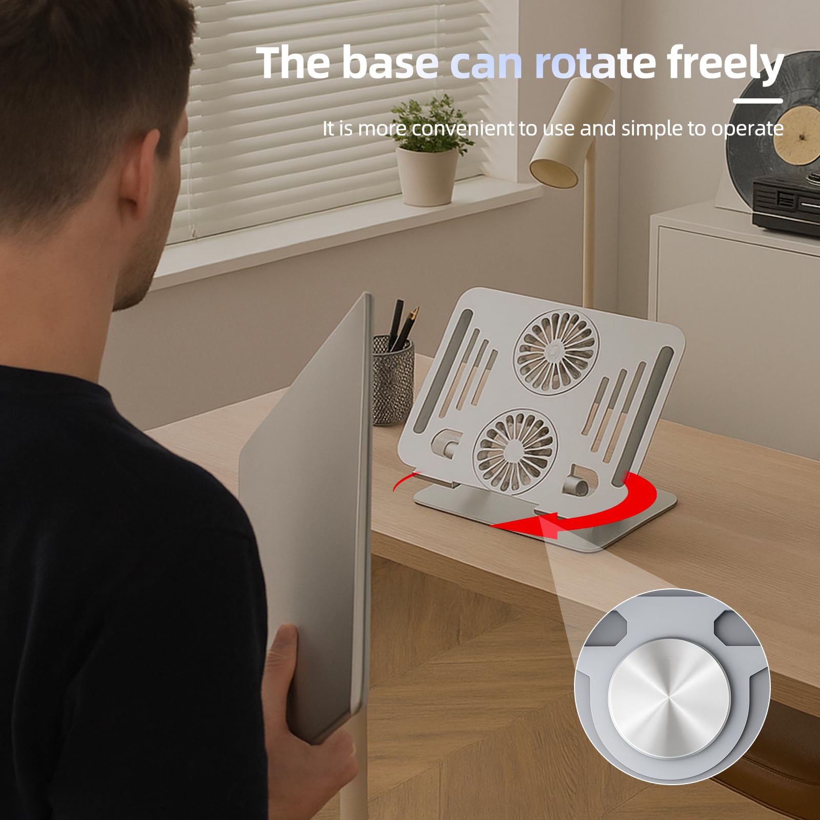 Supporto di raffreddamento per computer portatile con ventola di raffreddamento turbo, altezza e angolo regolabili a 180°, base girevole a 360°, supporto ergonomico pieghevole per notebook compatibile