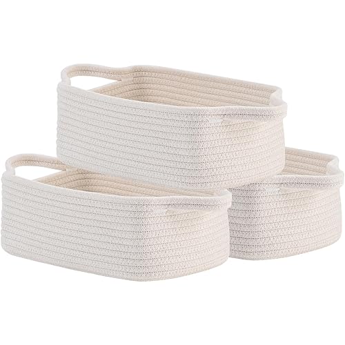 Small Woven Basket, 12 x 8 x 4.5 Inches, Small Storage Baskets for Organizing, Gift Baskets Empty, Cute Small Rope Shelf Closet Storage Bins Baskets for Shelves, Dog Toy Basket, 3 Packs, Off White