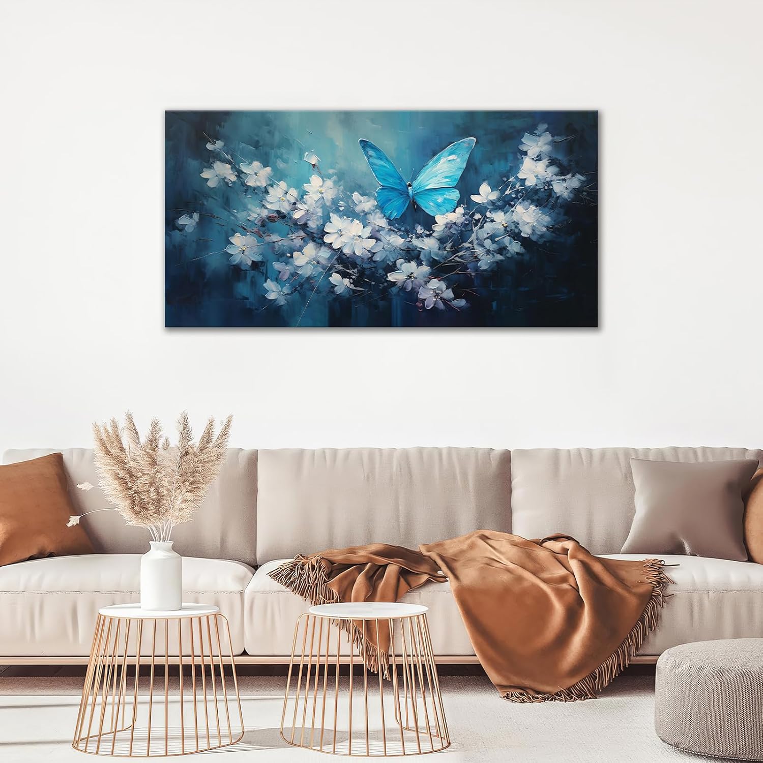 Blue Butterfly Bathroom Wall Art for Living Room Blue Butterfies Bathroom Pictures Floral Bathroom Wall Decor Bathroom Canvas Prints Painting Framed Artwork for Office Bedroom 60"x30"