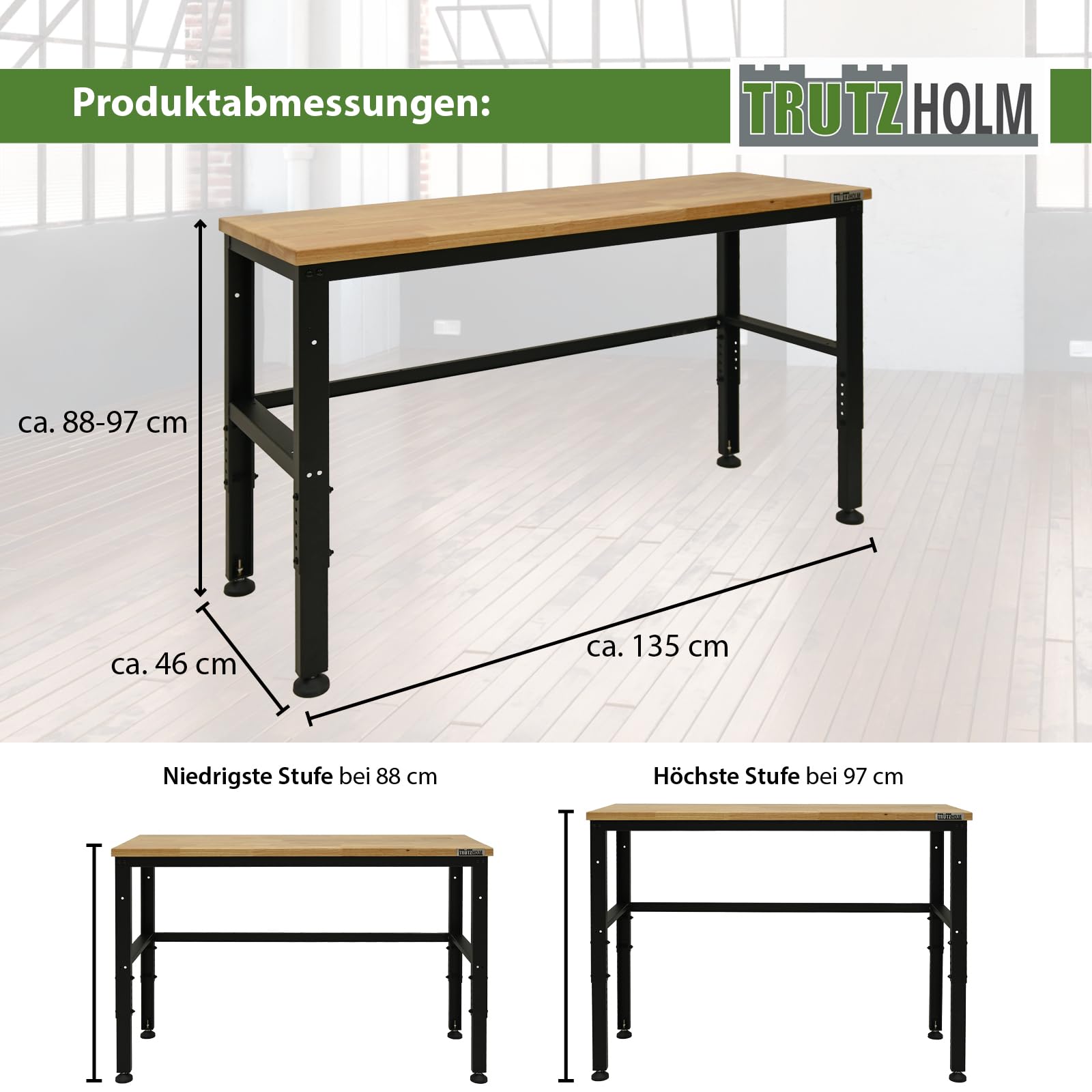 TRUTZHOLM Professionelle Werkbank bis 500 kg belastbar Werktisch Arbeitstisch Massive Arbeitsplatte Stecksystem Montagebank höhenverstellbar Werkstatttisch (135x46x88/97 cm | 300 kg Tragkraft)
