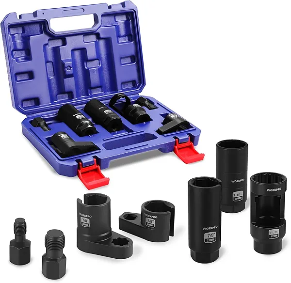 WORKPRO 7PCS O2 Oxygen Sensor Socket, Automotive 3/8" 1/2" Drive x 1-1/16" 7/8" 27mm 22mm O2 Sensor Socket Removal Tool Wrench and Thread Chaser Set, for Oil Pressure Vacuum Thermal Oxygen Sensors