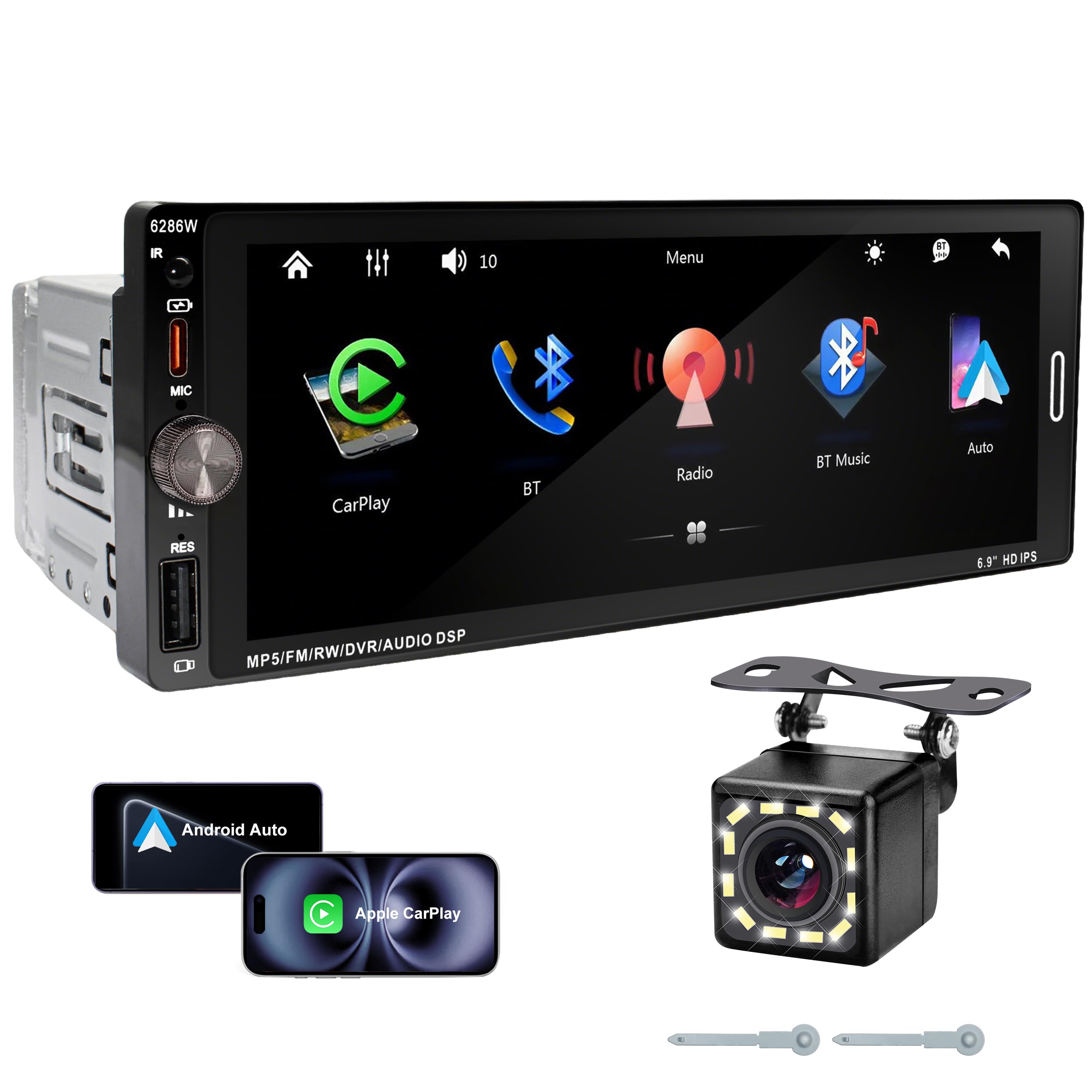Autoradio 1 DIN BT, écran Tactile 6,9 ​​Pouces, Compatible CarPlay et Android Auto,FM, kit Mains Libres, Microphone, Charge Rapide, caméra embarquée, USB/Type-C
