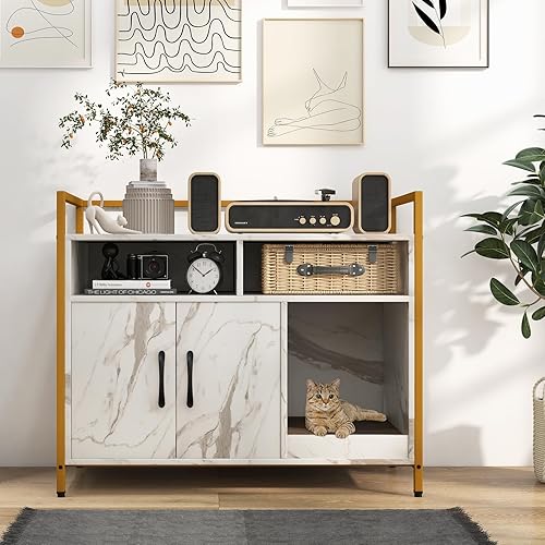 Miniatura 2 de PETSITE Caja de arena para gatos, armario de arena con rascador para gatos, gabinete de almacenamiento de 2 puertas, 2 compartimentos abiertos y