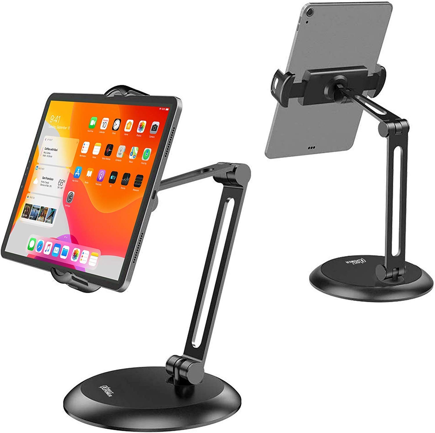 AVLT-Power Adjustable Tablet Stand Holder fits 4"-11" Devices with Full Motion Aluminum 12" Arm - Freestanding 2.8 lbs Heavy Base for Kitchen Table Office Desk POS Kiosk Counter Reception - Black