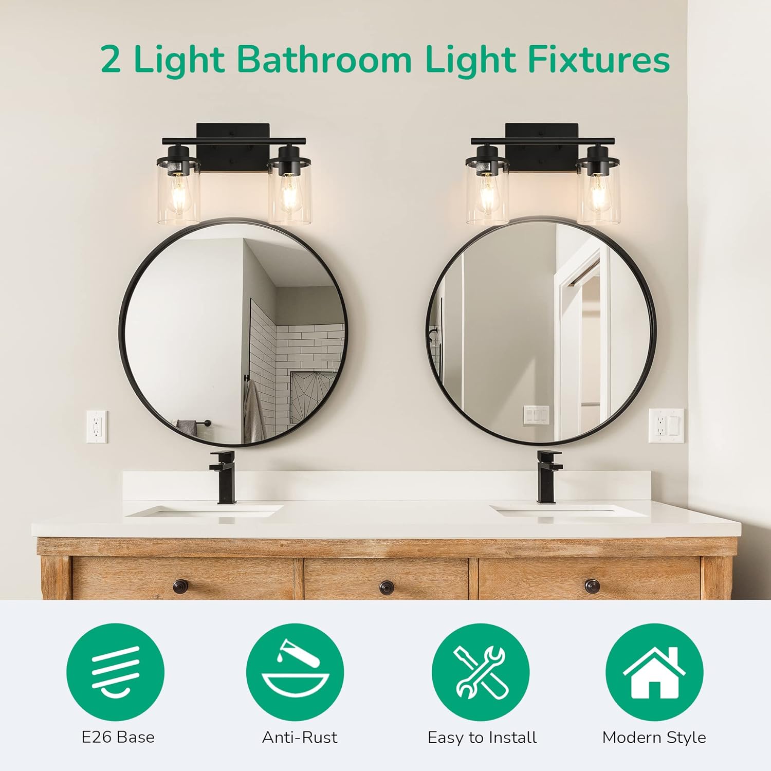 Modern Black 2-Light Bathroom Vanity Fixture with Clear Glass Shades
