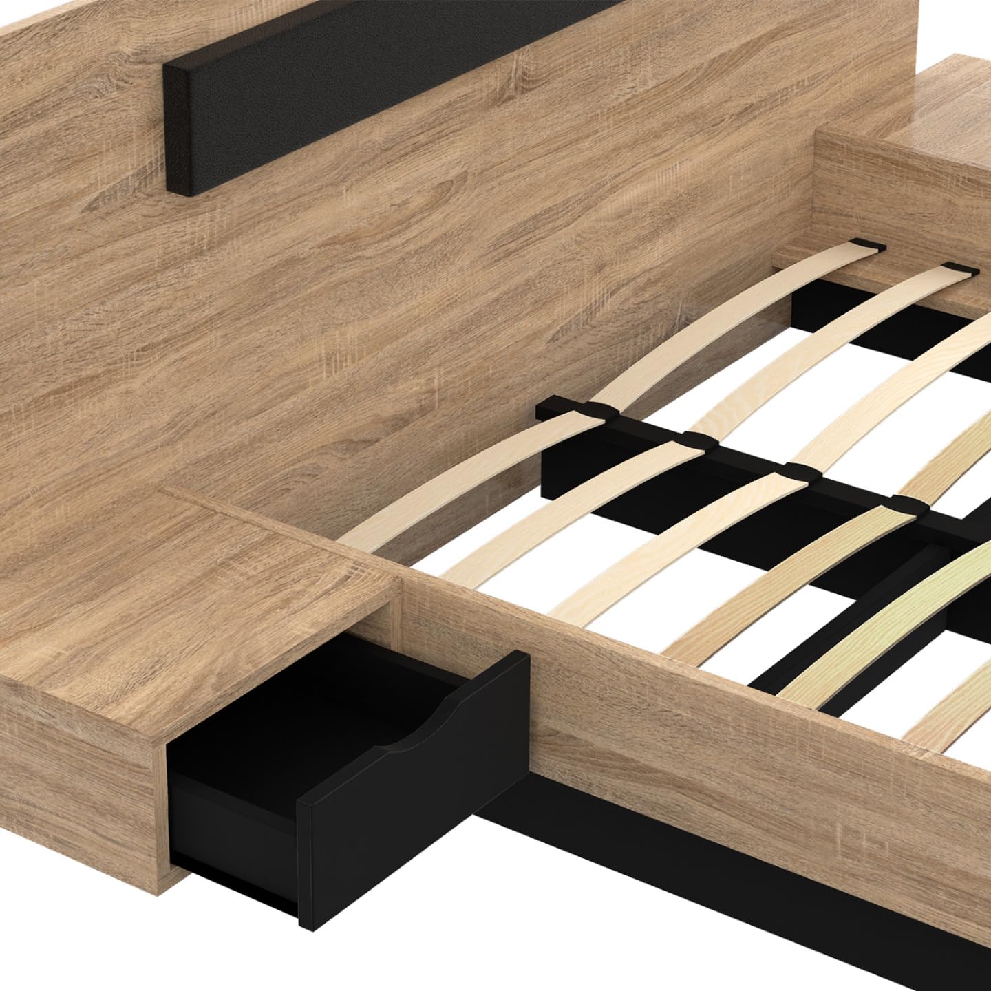 IDMarket - Cama doble Santa con cabecera + mesitas de noche integradas y somier de 140 x 190 cm, madera y negro