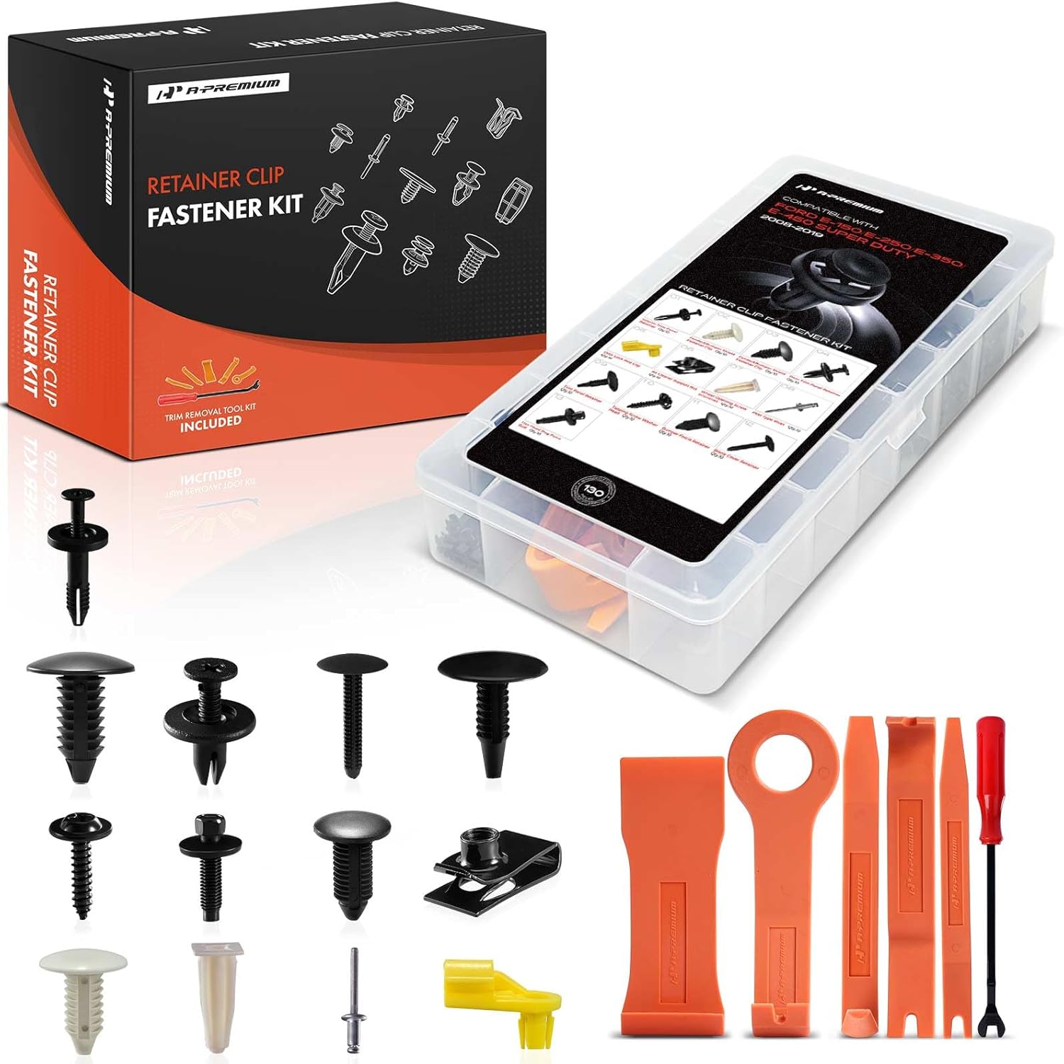 A-Premium 130PCS (13 Sizes/44 oz) Bumper Fender Retainer Clips Kit - Compatible with Ford E-150 E-250 - Hood Door Trim Panel Push Pin Plastic Nylon Rivet Fastener Set, w/Removal Tool