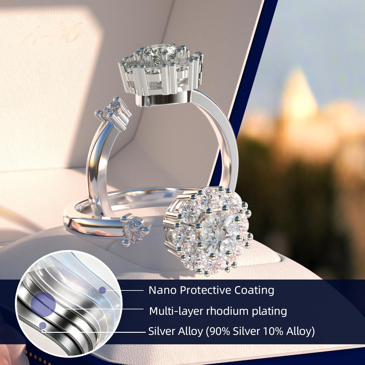 FEIKFEIZ Damen-Moissanit-Ring aus rhodiniertem Silber, Schmuckgeschenk.