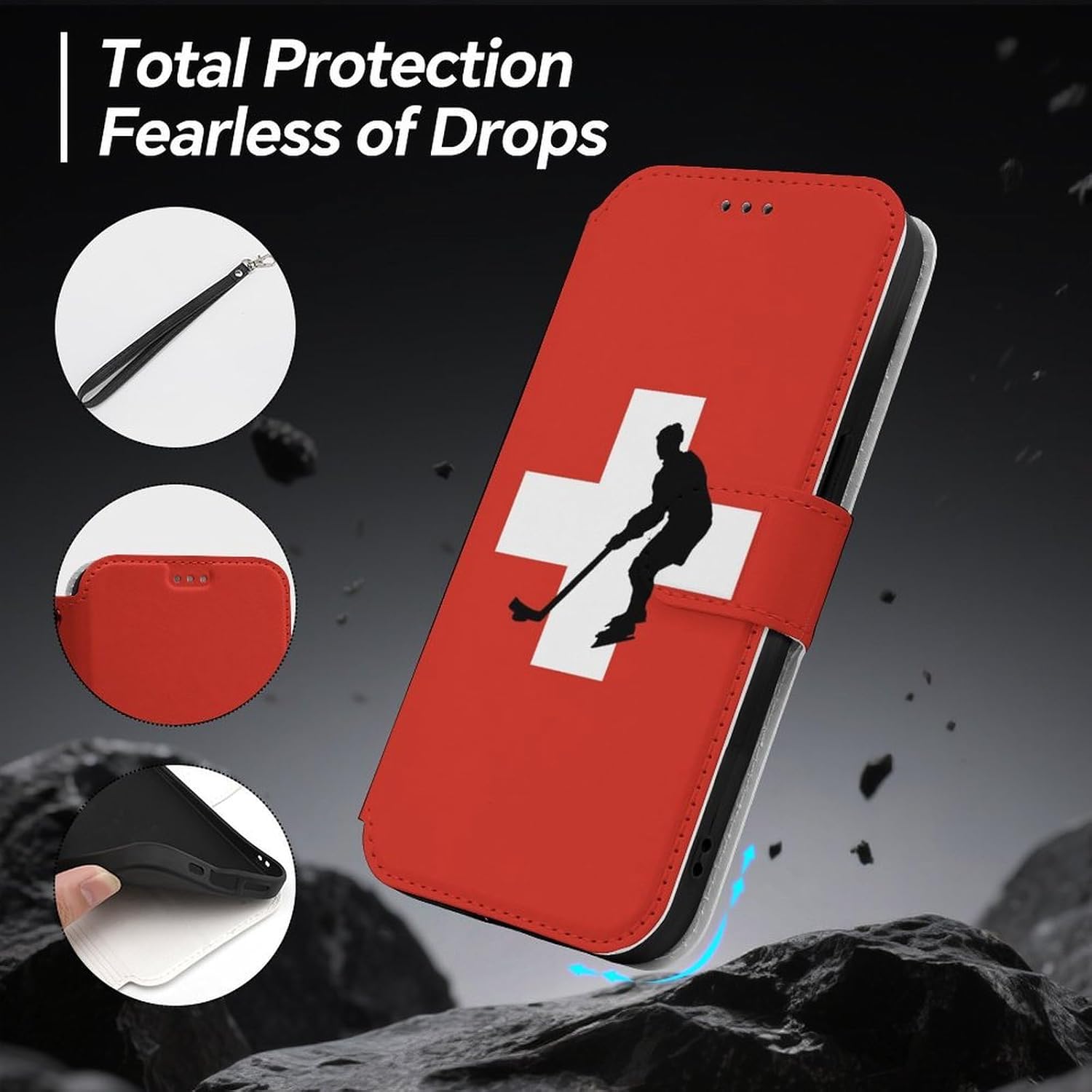 Switzerland Flag Ice Hockey Compatible with iPhone 16/16 Plus/16 Pro/16 Pro Max/16 E Case Phone Wallet Card Holder Flip Cover with Wrist Strap