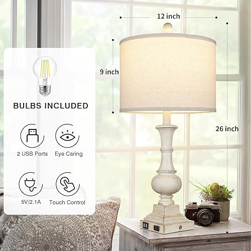 Miniatura 3 de 26" Farmhouse Table Lamp, Vintage Rustic Touch Control Bedside Lamp with 2 USB Ports & AC Outlet, Boho Resin 3-Way Dimmable Nightstand Lamp Linen