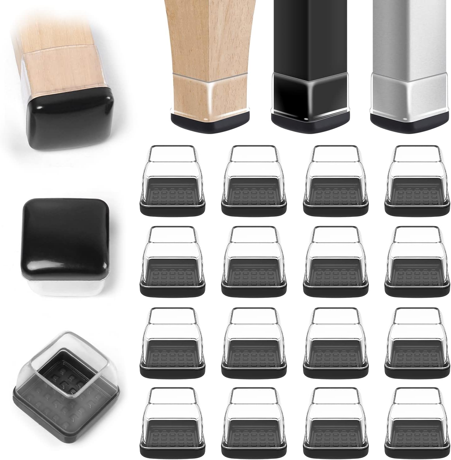 Chair Sliders for Carpeted Floors,16Pcs Chair Glides Square Furniture Sliders Carpet,Teflon Table Leg Protectors Sliders for Carpet,Make Furniture Glides Move Easy(Fit 1.4-1.8", Clear)