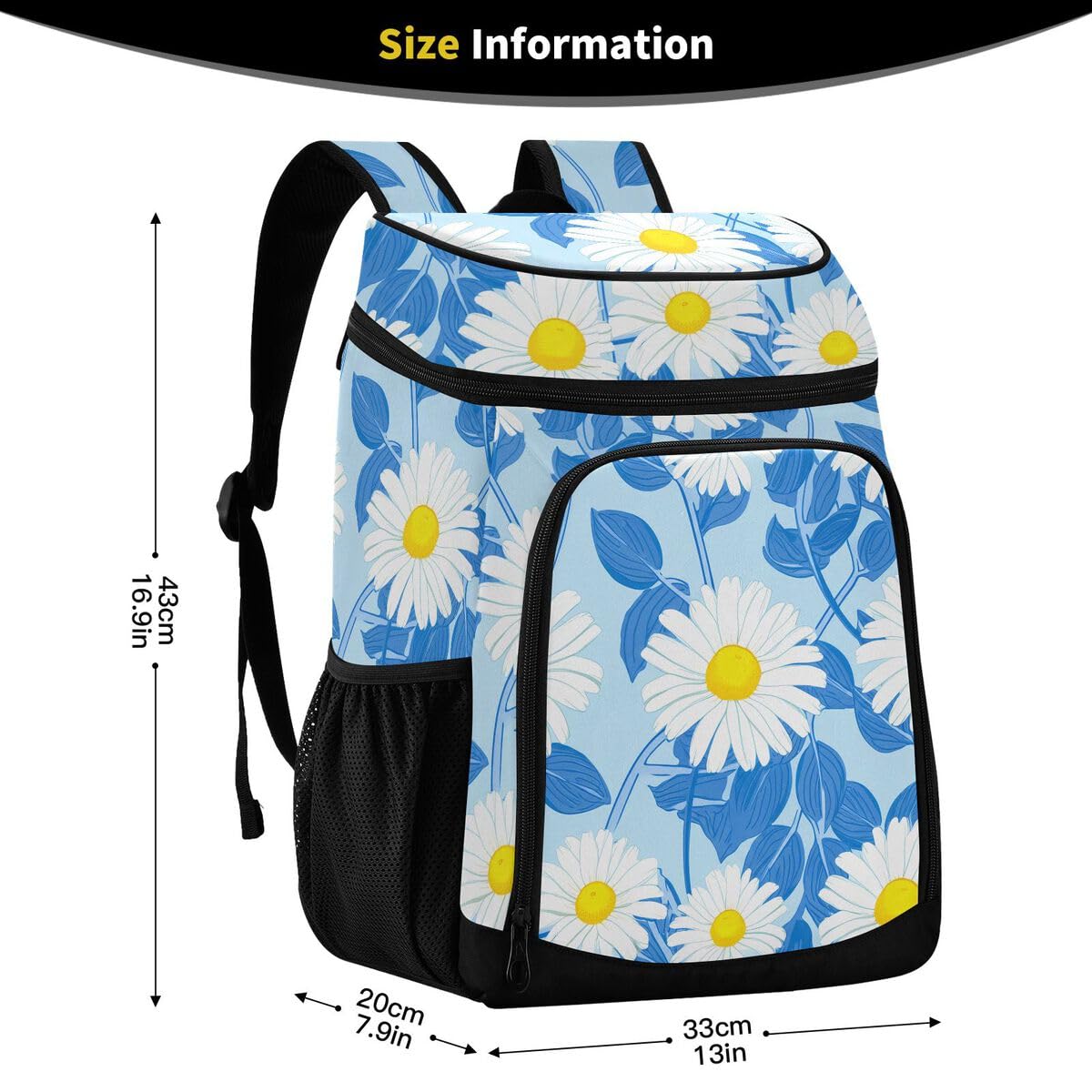 Daisy Floral Blue Cooler Backpack Leakproof Insulated Lunch Cooler Bag 30 Cans Camping Backpacks for Beach Picnic Road Trip