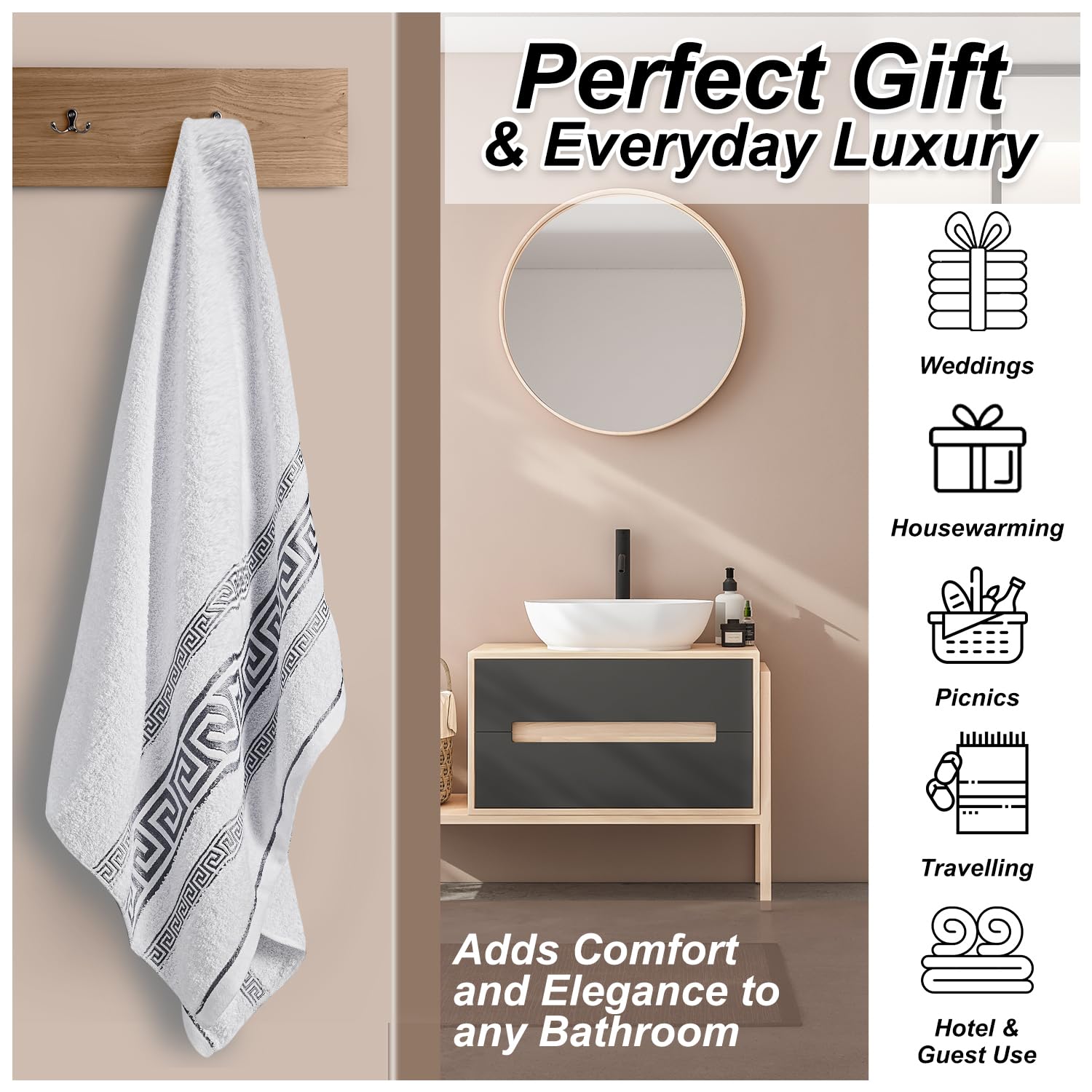 GC GAVENO CAVAILIA Lot de 2 draps de Bain grecs Extra Larges à séchage Rapide, Super absorbants, 100% Coton égyptien, Doux et Moelleux, pour Spa et hôtel (90 x 180 cm), Blanc