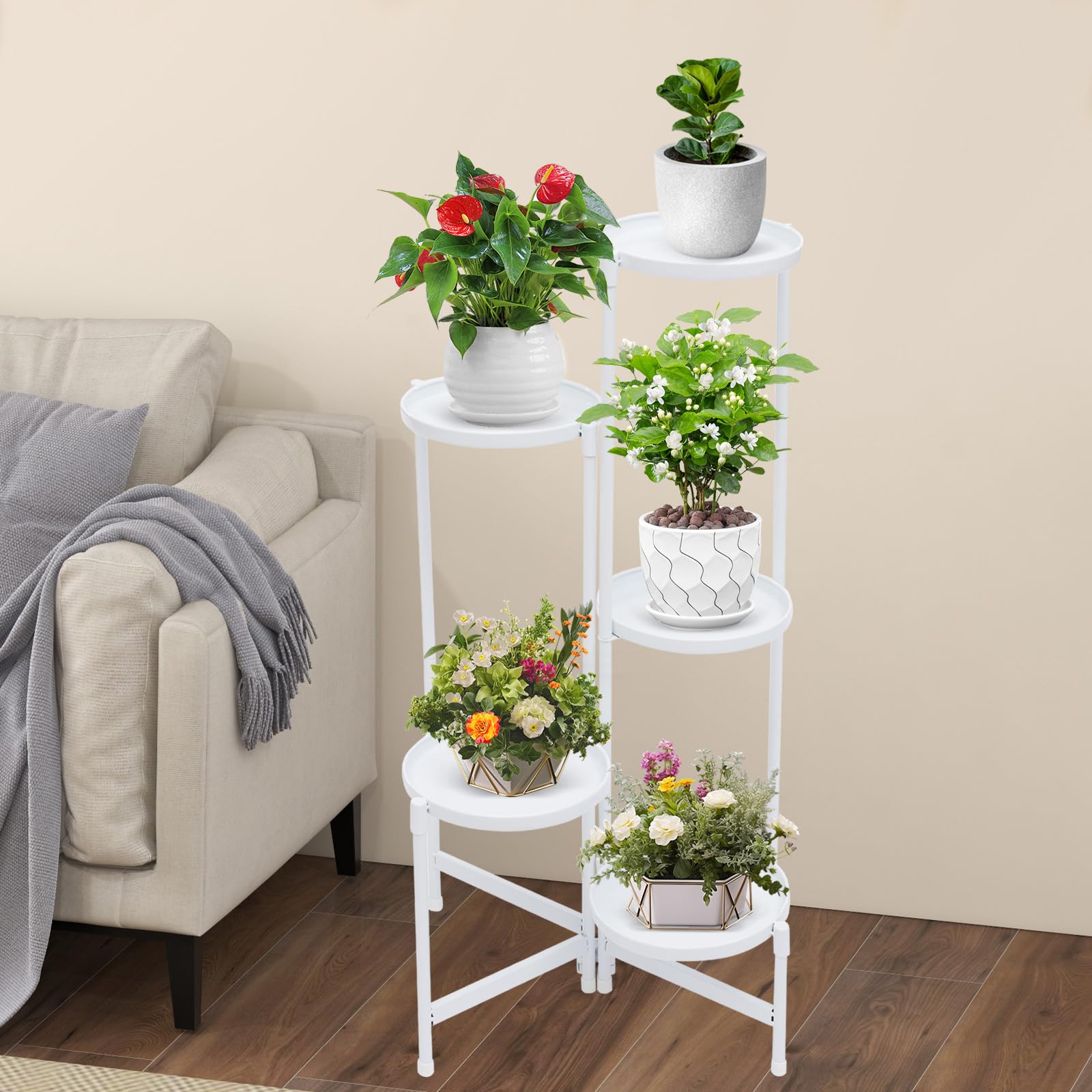 MINRS Supporto per piante a 5 ripiani, in metallo, bianco, per più piante, per terrazza, giardino, angolo, balcone, soggiorno