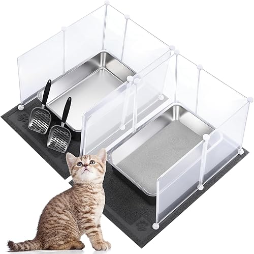 Tioncy Juego de 2 cajas de arena de acero inoxidable para gatos, incluye 2 cucharas de arena de metal para gatos, 2 alfombrillas de arena para