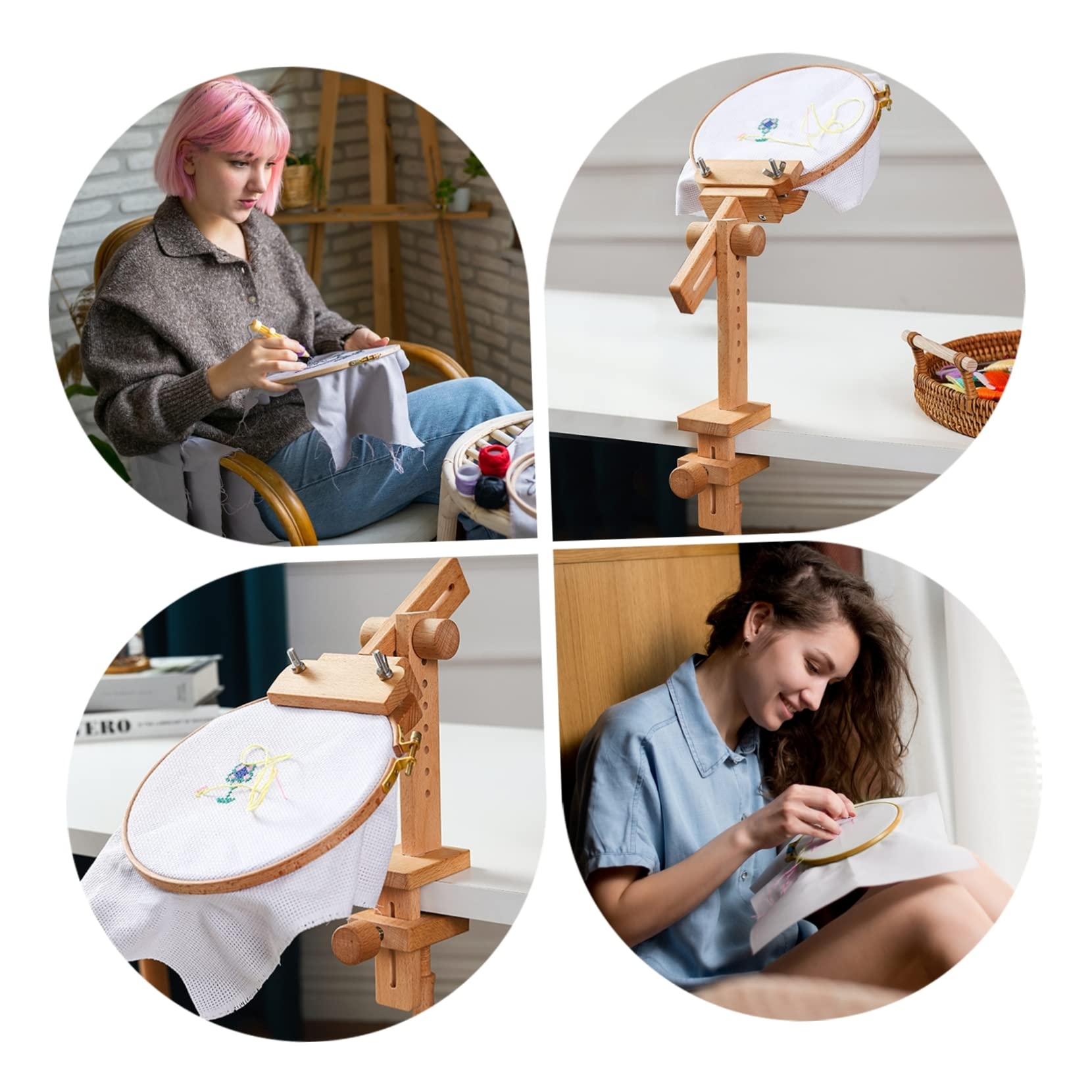 NUOBESTY Bastidor de Bordado de Haya Rotación 360° para Punto de Cruz, Soporte de Mesa Ajustable, Juego de 20 Anillos para Bordar, Adecuado para Manualidades y Artesanía en Casa