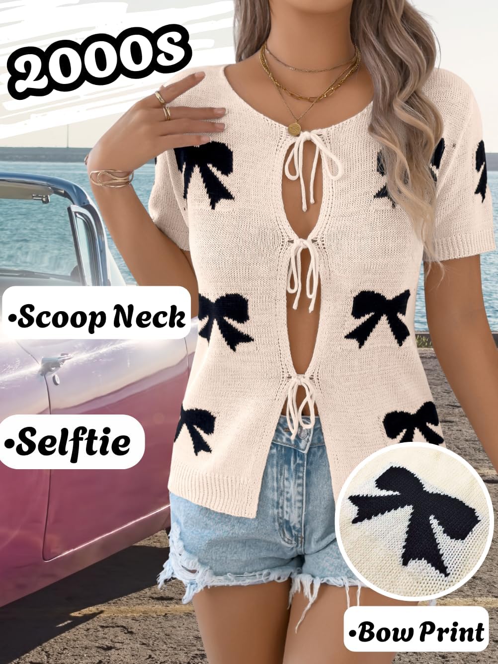 Women 2000S Bow Knit Cardigan Sweaters, Short Sleeve Tie Front Lightweight Crochet Top, Summer Going Out Date Outfits - Image 2