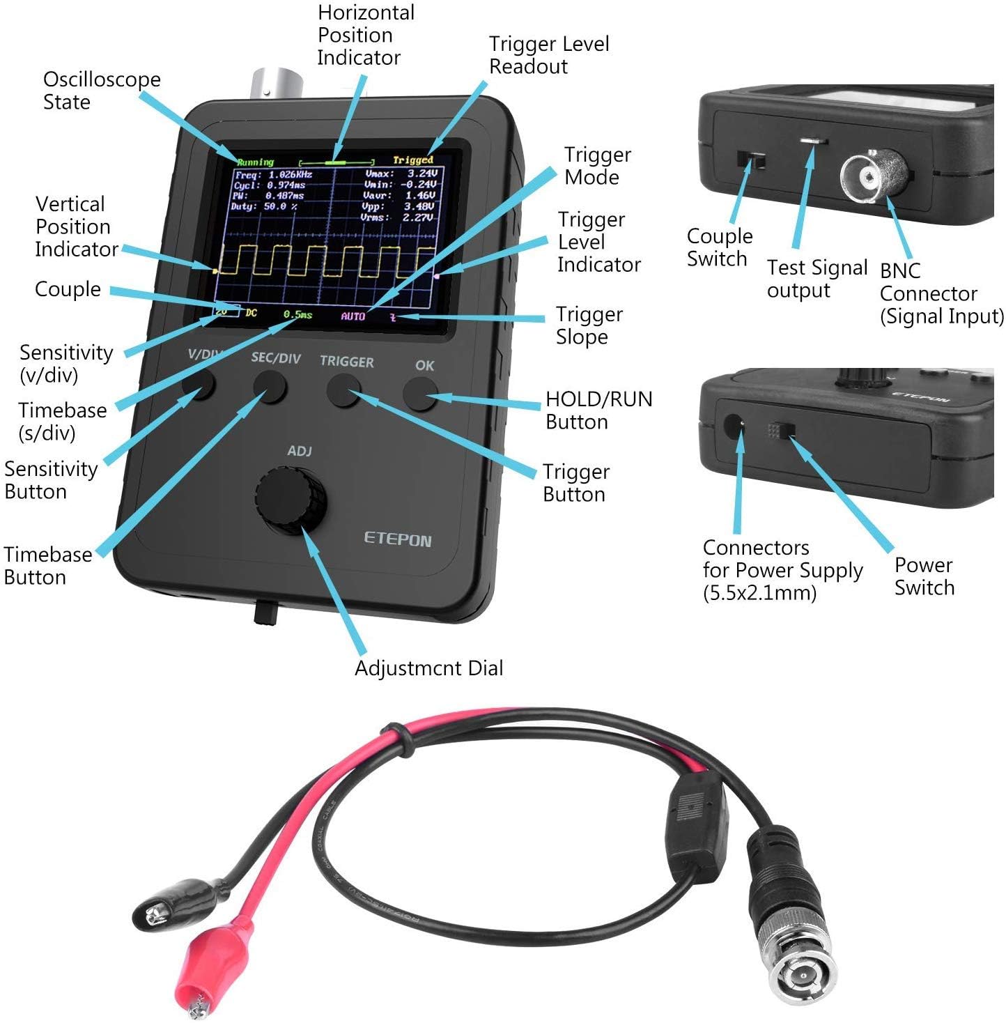 Osciloscopio Digital con Sonda de Cable Bnc-Clip (EM001)