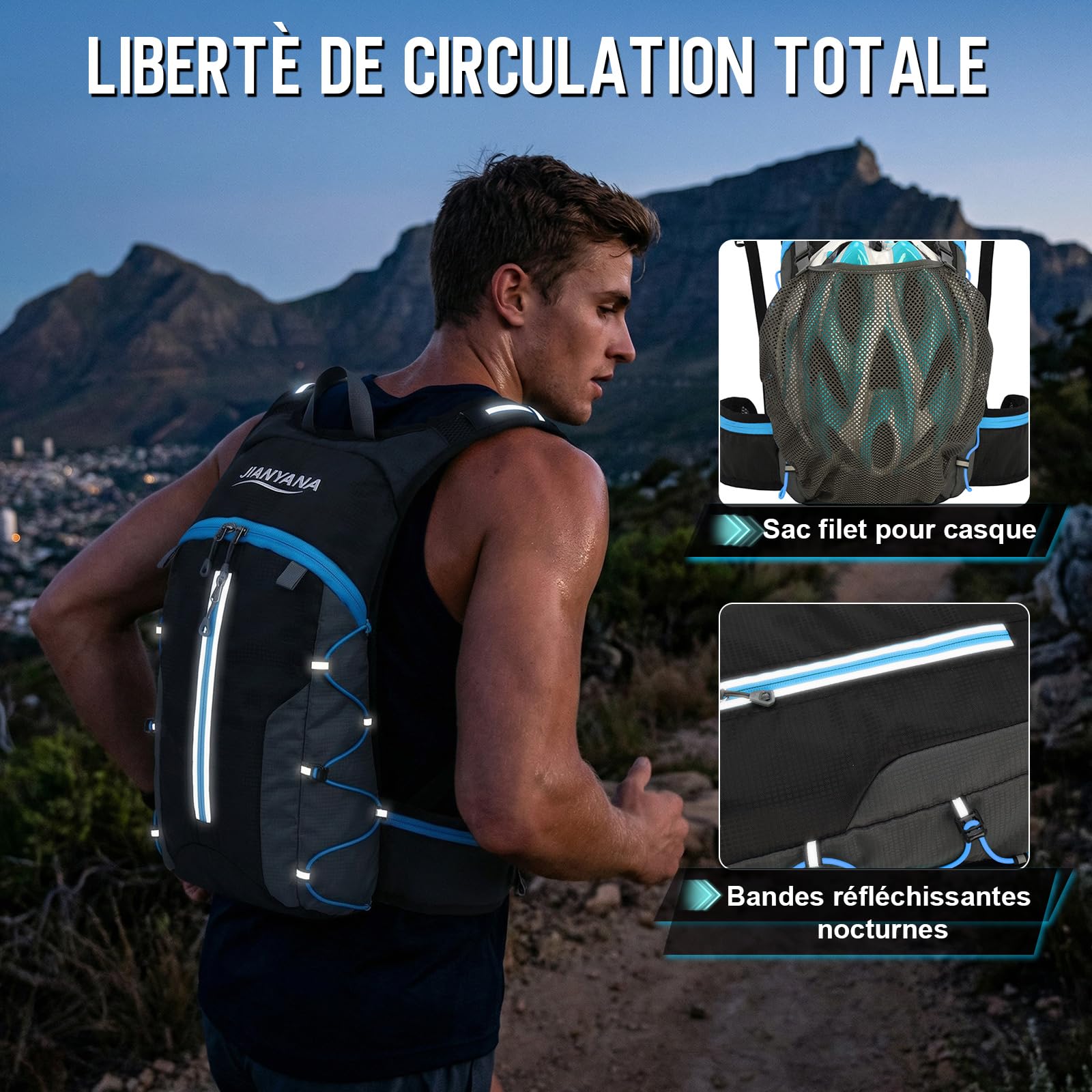 JIANYANA Sac à dos d'hydratation, pliable, noir, 3 l, 550 g, convient pour le cyclisme et la randonnée, bleu roi