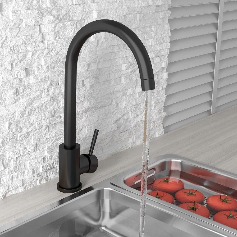 Lancia Manhattan Kitchen Mixer Tap - High Arc Swivel Spout - Matt Black