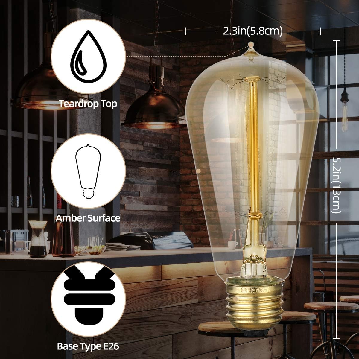 HESSION 6-Pack Edison Light Bulbs, 60w Vintage Edison Bulb, Squirrel Cage Filament Edison Bulbs, E26 Base - Amber Glass Warm White - Dimmable - ST58 Decorative Lightbulbs